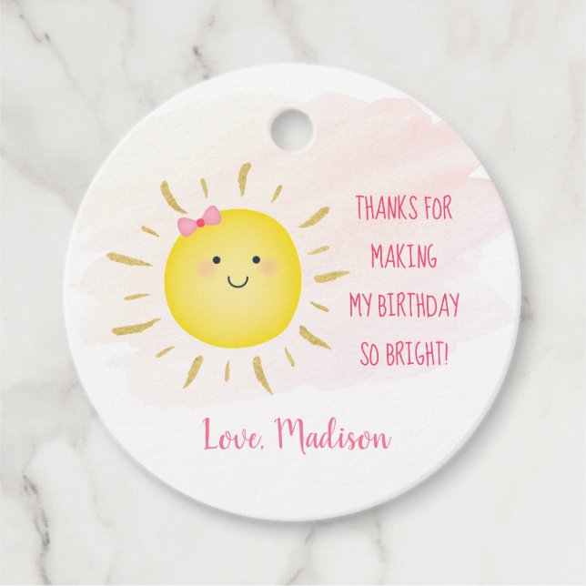 Cute Sunshine Rosa & Guld Birthday Tack Gåvor Etiketter (Framsida)