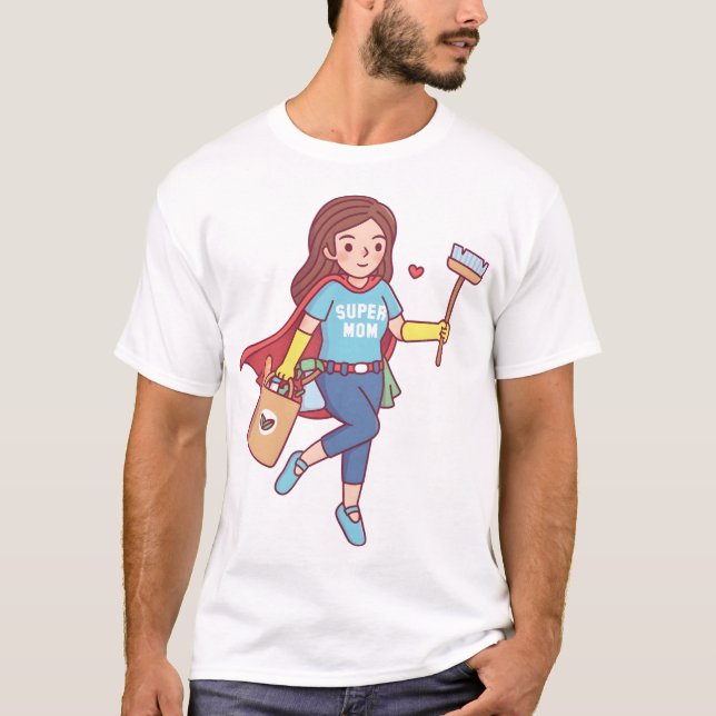 Cute Super Mom With Cleaning Tools and Groceries F T Shirt (Framsida)