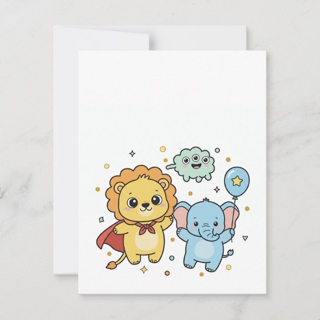 Cute Superhero Lion and Elephant Friends Cartoon Anteckningskort (Framsida)