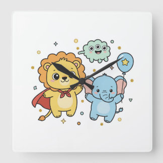 Cute Superhero Lion and Elephant Friends Cartoon Fyrkantig Klocka