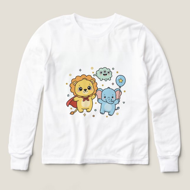 Cute Superhero Lion and Elephant Friends Cartoon T Shirt (Design framsida)