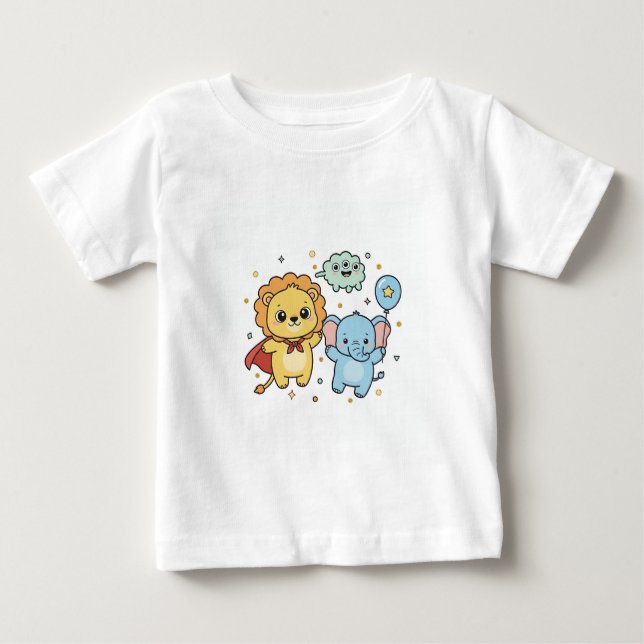 Cute Superhero Lion and Elephant Friends Cartoon T Shirt (Framsida)
