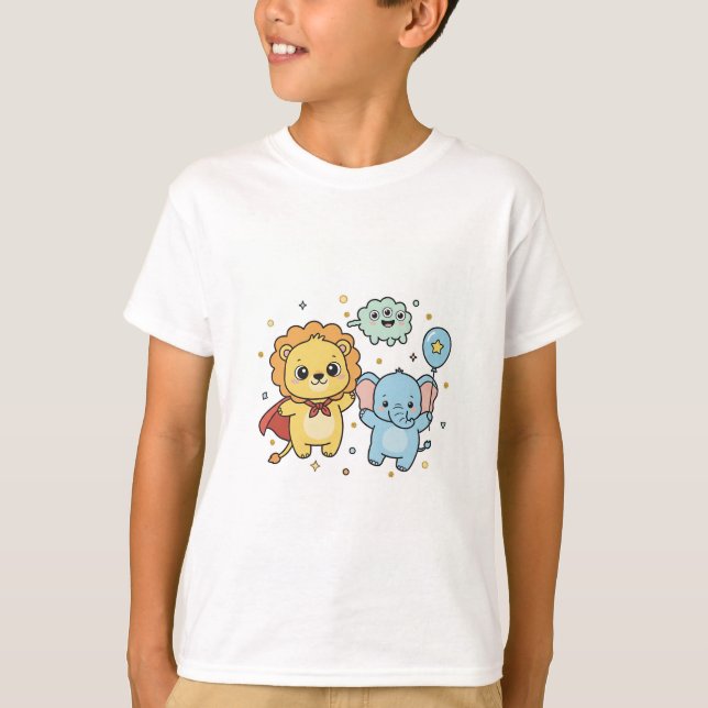 Cute Superhero Lion and Elephant Friends Cartoon T Shirt (Framsida)