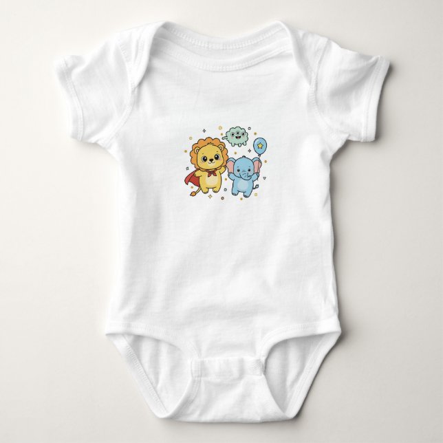 Cute Superhero Lion and Elephant Friends Cartoon T Shirt (Framsida)