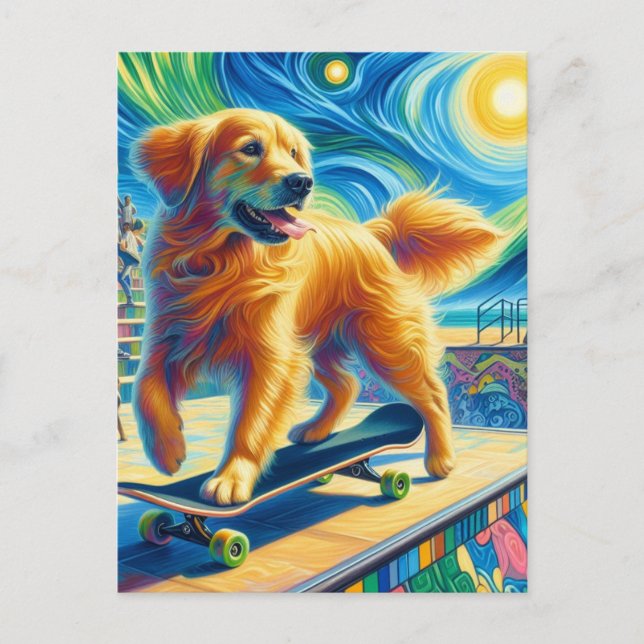 Cute Surreal Golden Retriever Skateboarding Vykort (Framsida)