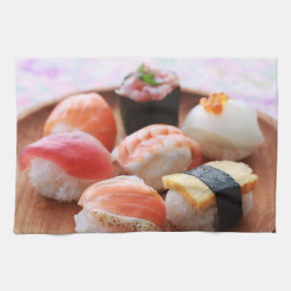 Cute Sushi Bites on Wooden Plate Kökshandduk