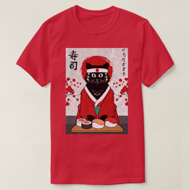 Cute Sushi Master Cat Samurai Kattunge Japan T Shirt (Design framsida)