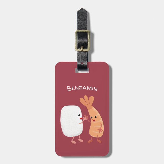 Cute sushi ris prawn tecknad bagagebricka (Vertikal Framsida)