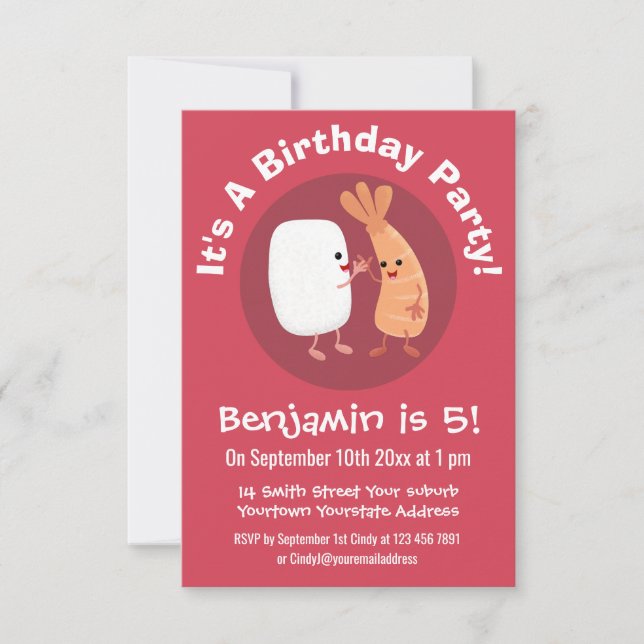 Cute sushi ris prawn tecknad inbjudningar (Framsida)