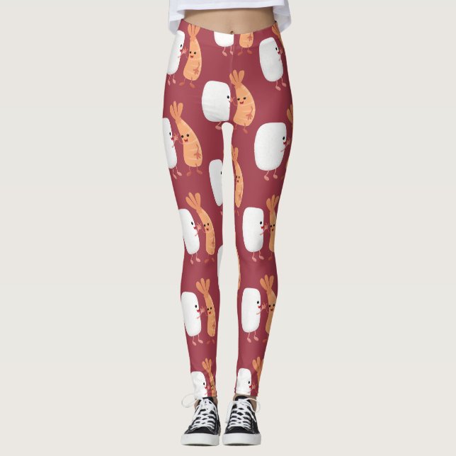 Cute sushi ris prawn tecknad leggings (Framsida)