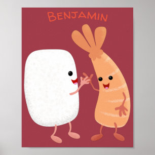 Cute sushi ris prawn tecknad poster