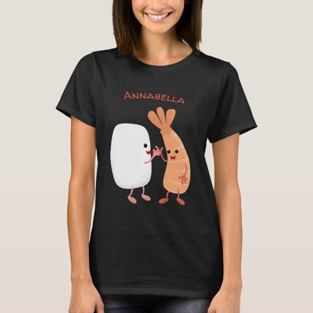 Cute sushi ris prawn tecknad t shirt (Framsida)