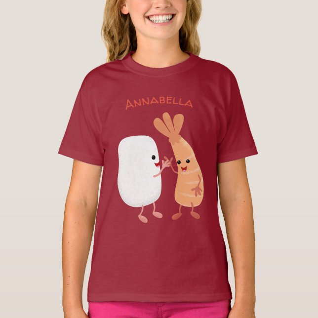 Cute sushi ris prawn tecknad t shirt (Framsida)