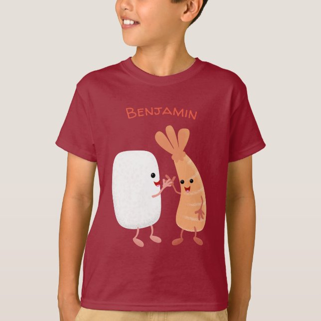 Cute sushi ris prawn tecknad t shirt (Framsida)