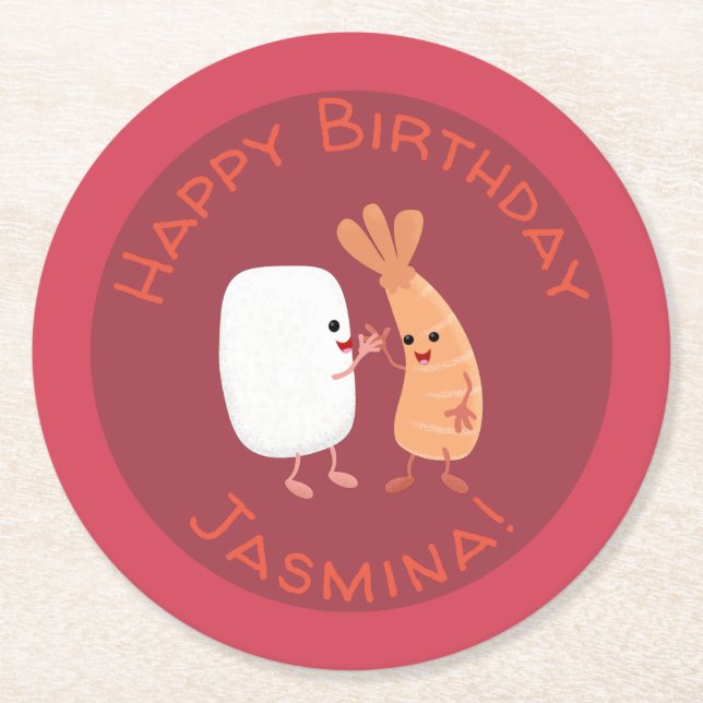 Cute sushi ris prawn tecknad underlägg papper rund (Framsidan)