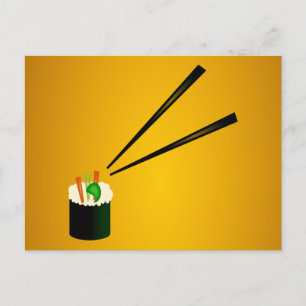 Cute Sushi Roll in Corner with chopsticks Vykort