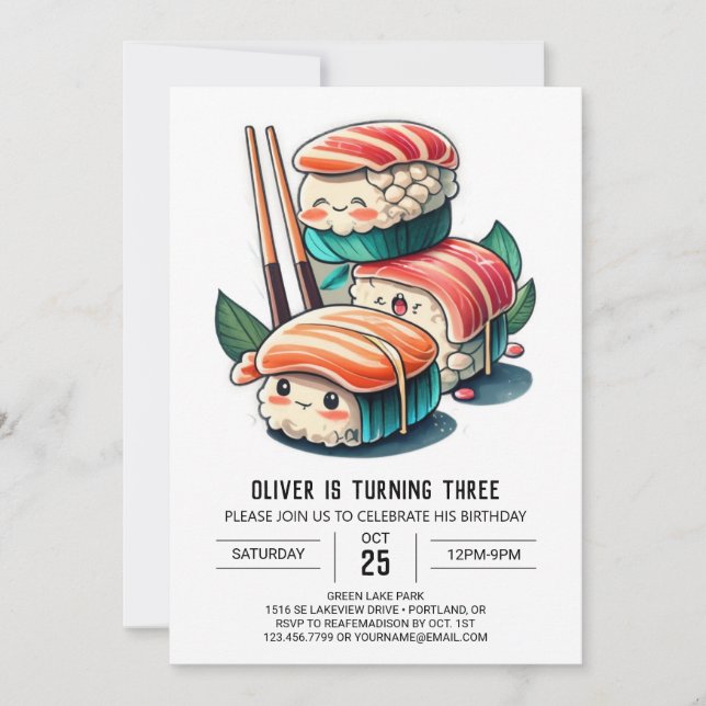 Cute Sushi Roll Printable Birthday Inbjudningar (Framsida)