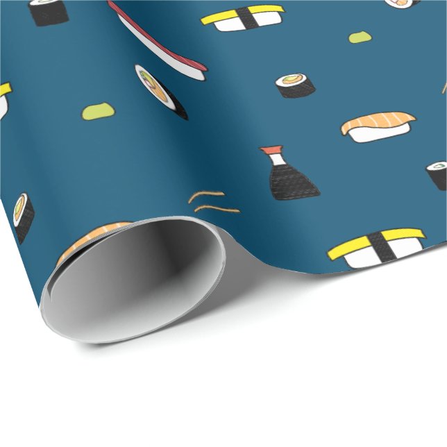 Cute Sushi Roll Set Mönster Nigiri Maki Ocean Blue Presentpapper (Rullad Hörn)