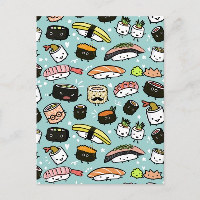 Cute Sushi-tecken | Kawaii Sushi Patterned Vykort (Framsida)