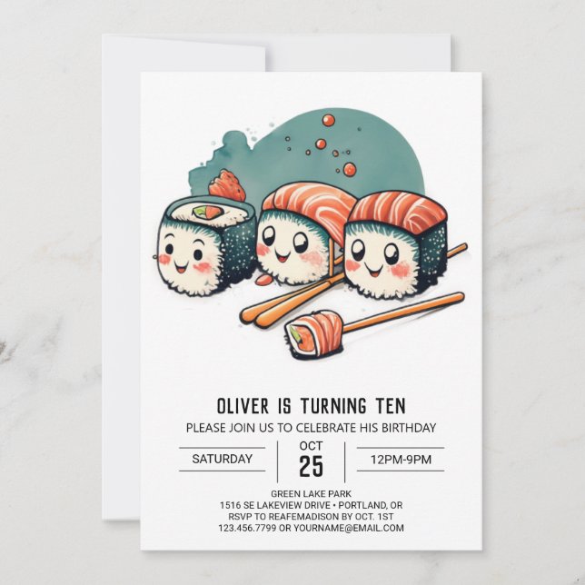 Cute Sushi Wonderland Printable Birthday Inbjudningar (Framsida)