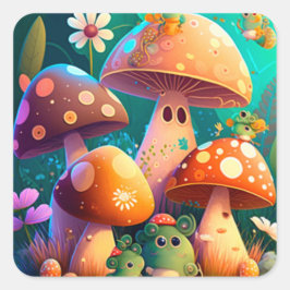 Cute svampar i skogen fyrkantigt klistermärke