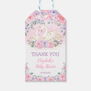 Cute Svan Princess Rosa Lila Blommigt Baby Shower Presentetikett