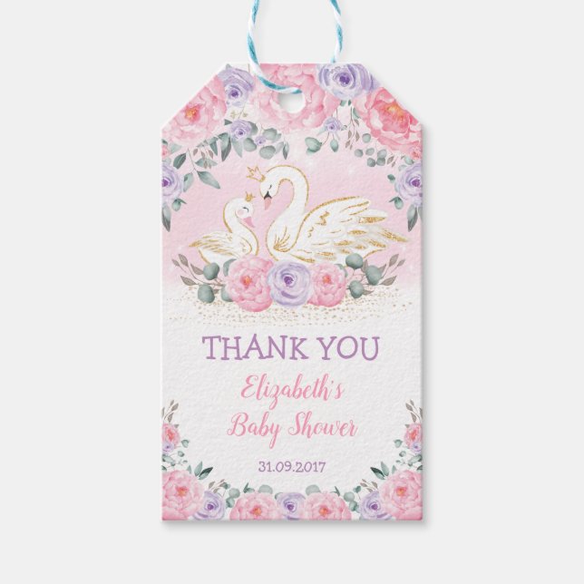 Cute Svan Princess Rosa Lila Blommigt Baby Shower Presentetikett (Framsidan)