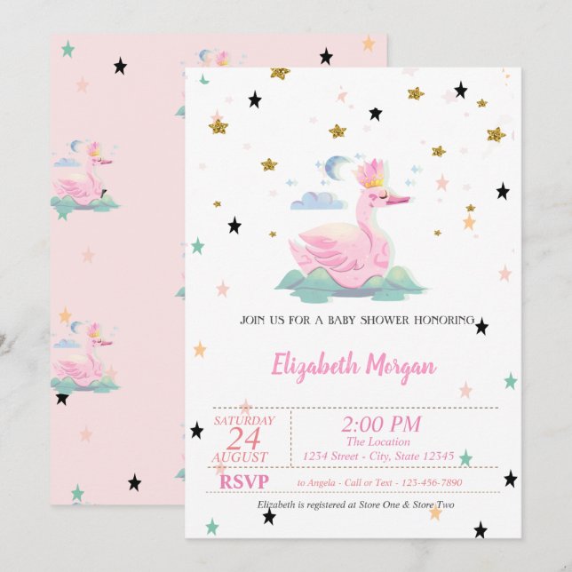 Cute Svan, Tiara, Stars, Princess Baby Shower Inbjudningar (Fram/baksida)