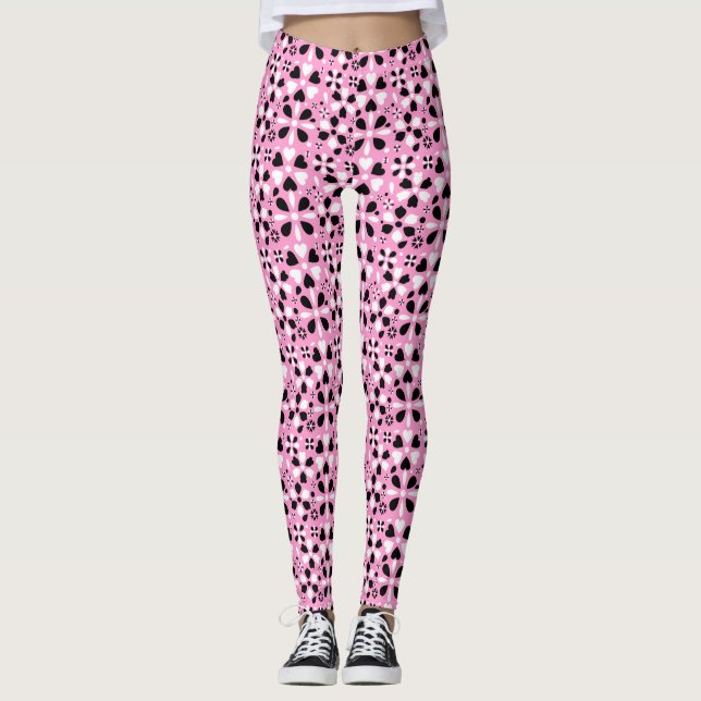 Cute svart vita blommor leggings (Framsida)