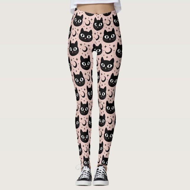 Cute Svarta katter & Celestial Halloween Leggings (Framsida)