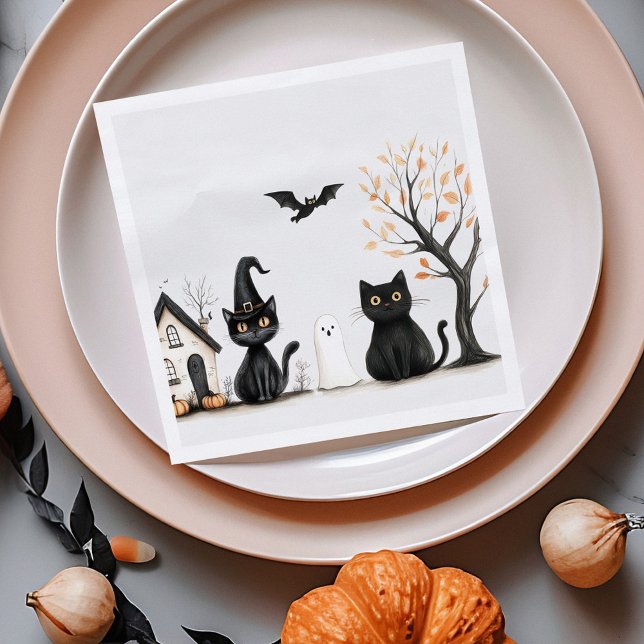 Cute Svarta katter Halloween fest Pappersservett (Cute Black Cats Halloween Party Napkins on an orange plate with autumn decoration)