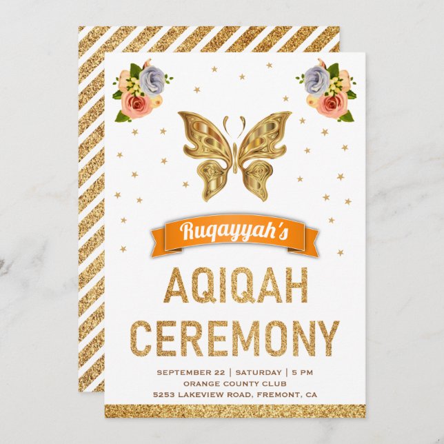 Cute Sweet Blommigt Guld Butterfly Girls Aqiqah Inbjudningar (Fram/baksida)