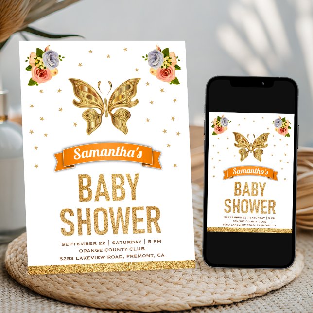 Cute Sweet Blommigt Guld Butterfly Girls Baby Show Inbjudningar (Skapare uppladdad)