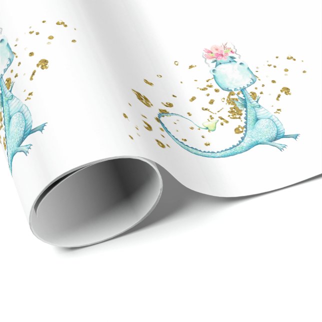 *~* Cute Sweet Blue Dragon Dinosaurs Flowers Presentpapper (Rullad Hörn)