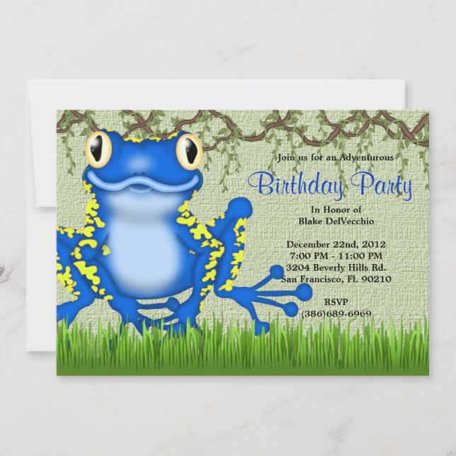 CUTE Sweet Blue Frog Jungle Birthday Inbjudningar (Framsida)