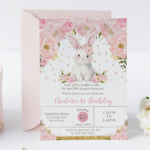 Cute Sweet Bunny Rabbit Rosa 1:a 2:a födelsedag Inbjudningar