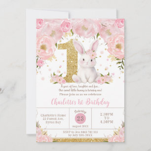 Cute Sweet Bunny Rabbit Rosa Blommigt 1:a födelsed Inbjudningar