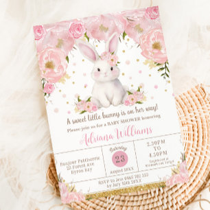 Cute Sweet Bunny Rabbit Rosa Blommigt Baby Shower Inbjudningar