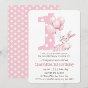 Cute Sweet Bunny Rabbit Rosa Dots 1:a födelsedagen Inbjudningar