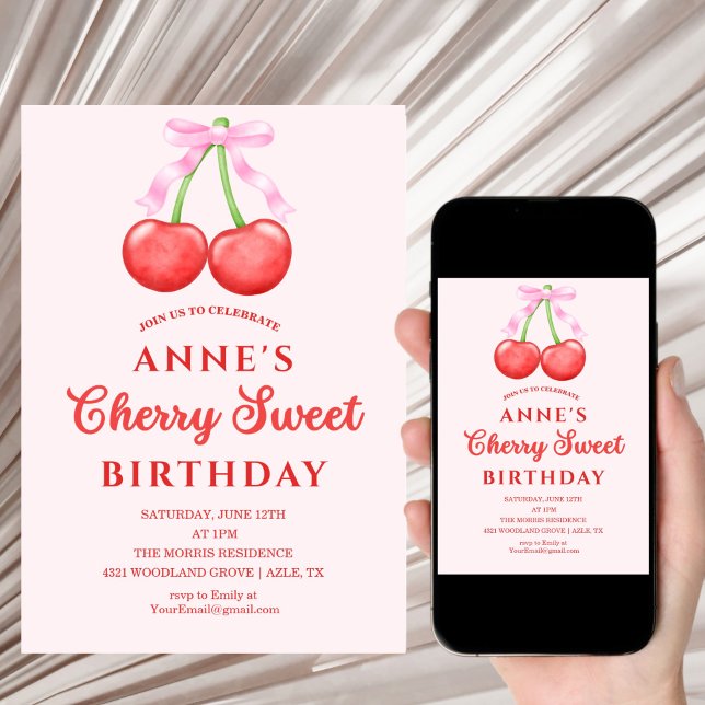 cute Sweet Cherry Birthday Invitation Girl Inbjudningar (Skapare uppladdad)