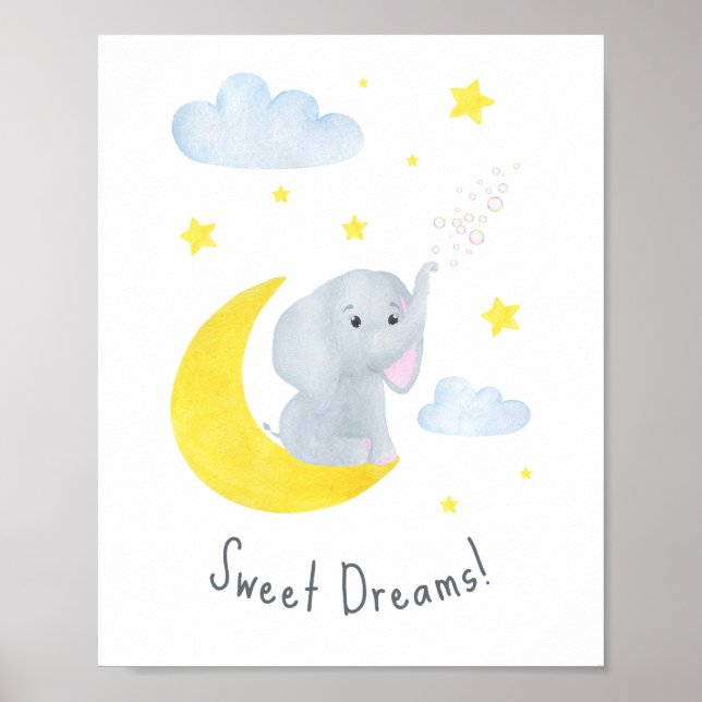 Cute Sweet Dreams Citote Elephant Nursery Wall Art Poster (Framsidan)