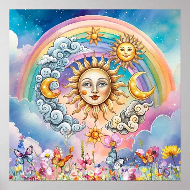 Cute Sweet Dreams Floral Sun, Stars & Moon  Poster (Framsidan)