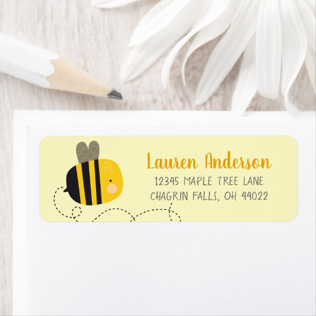Cute Sweet Gult Bee Kawaii Baby Shower Adress Returadress Etikett (Insitu)