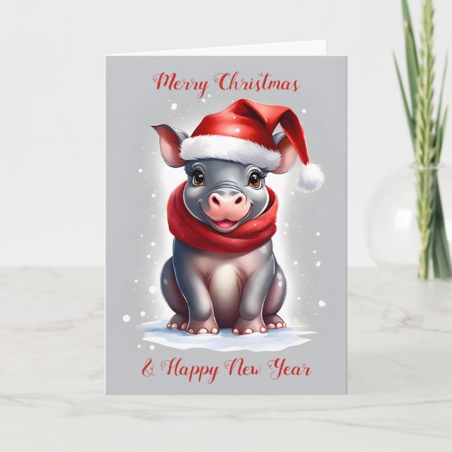 Cute Sweet Hippopotamus Santa Hat - nyår Helgkort (Framsida)