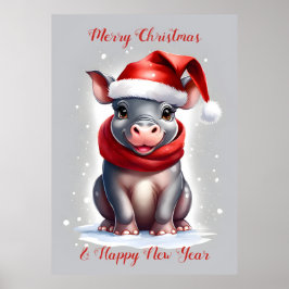 Cute Sweet Hippopotamus Santa Hat - nyår Poster