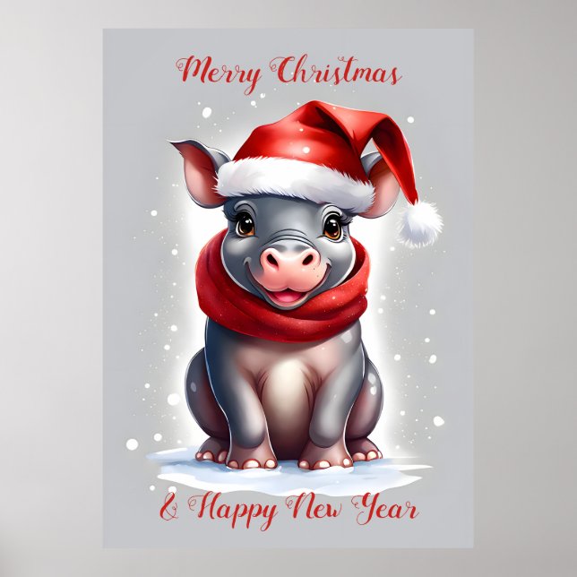 Cute Sweet Hippopotamus Santa Hat - nyår Poster (Framsidan)
