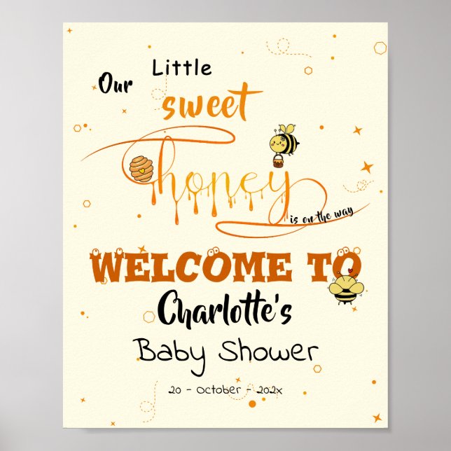 Cute Sweet Honey & Kawaii Eyeball Text Baby Shower Poster (Framsidan)