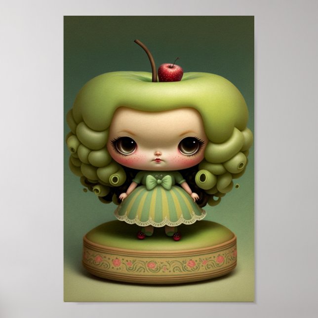 Cute Sweet Kawaii Grönt Apple Girl Poster (Framsidan)