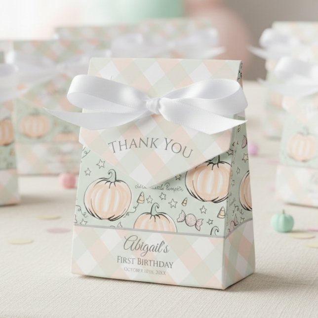 Cute Sweet Little Pumpkin Halloween & Fall Presentaskar (Green Little Pumpkin Gender Neutral 1st Birthday Favor Boxes. Modern Gingham & Rustic Fall Pumpkins)
