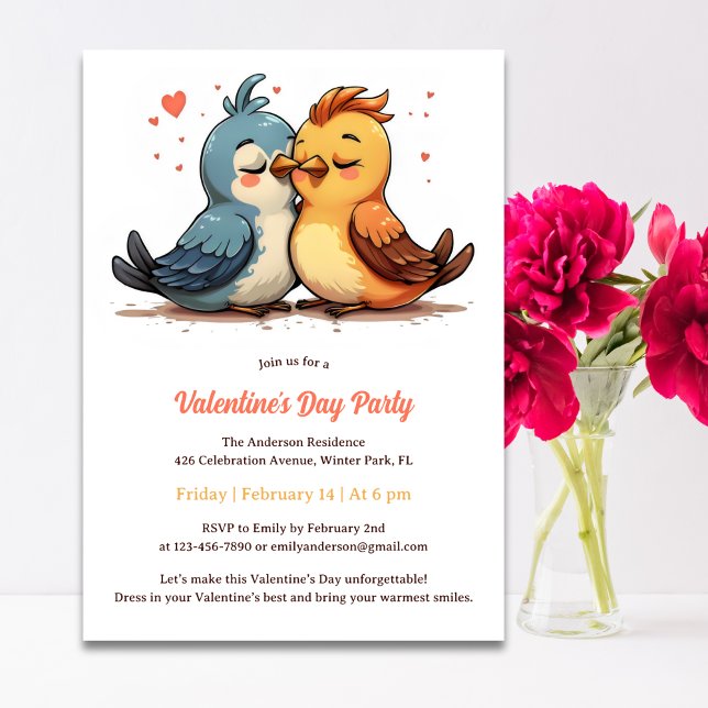 Cute Sweet Lovebird Valentine Day Party Inbjudningar (Cute Sweet Lovebirds Valentine's Day Party Invitation)